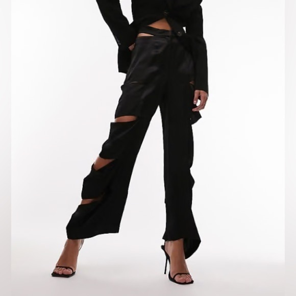 New Topshop Slash Wide Leg Cutout Satin Pants In Black Limited Edition Sz 6 - Picture 2 of 14